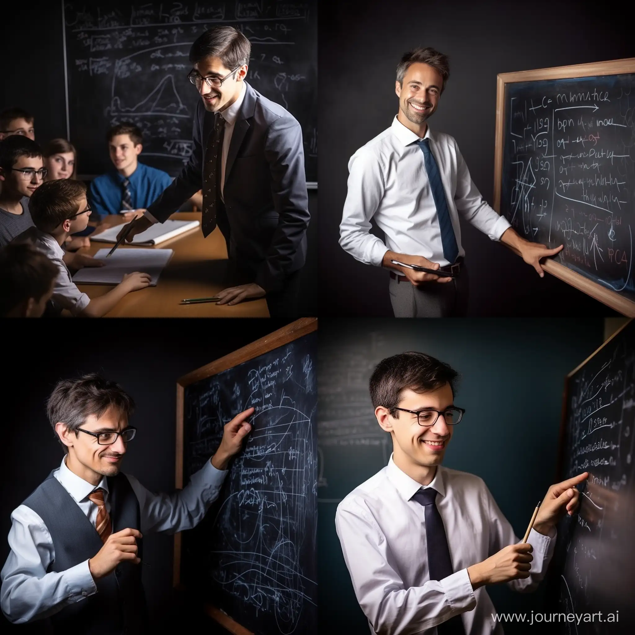 young adult professor of physics teaching to engineering students wearing a tie and white shirt and round neck blue sweater writing in blackboard