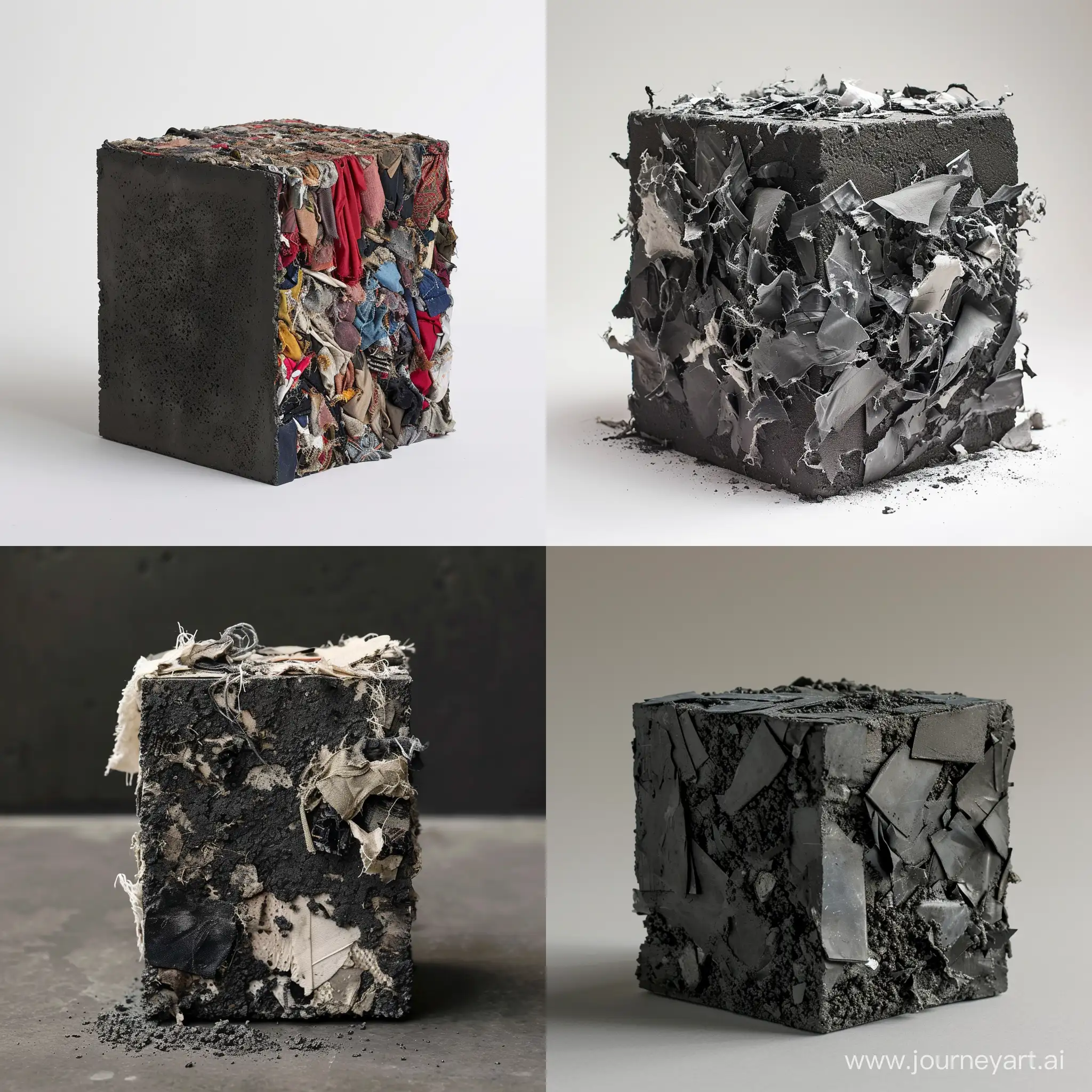 create on esingle block made out of clothes/textiles and dark concrete. I want the materials to be combined together where the clothes are pulverized in really small particles ass small as a snowflake