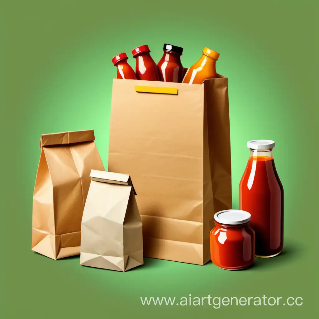 One paper bag with sauces, food jars and food boxes in vector style over a green background