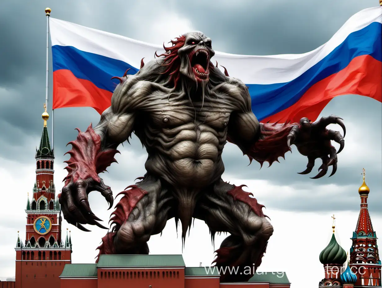 Монстр на фоне флага россии и кремля играет метал 