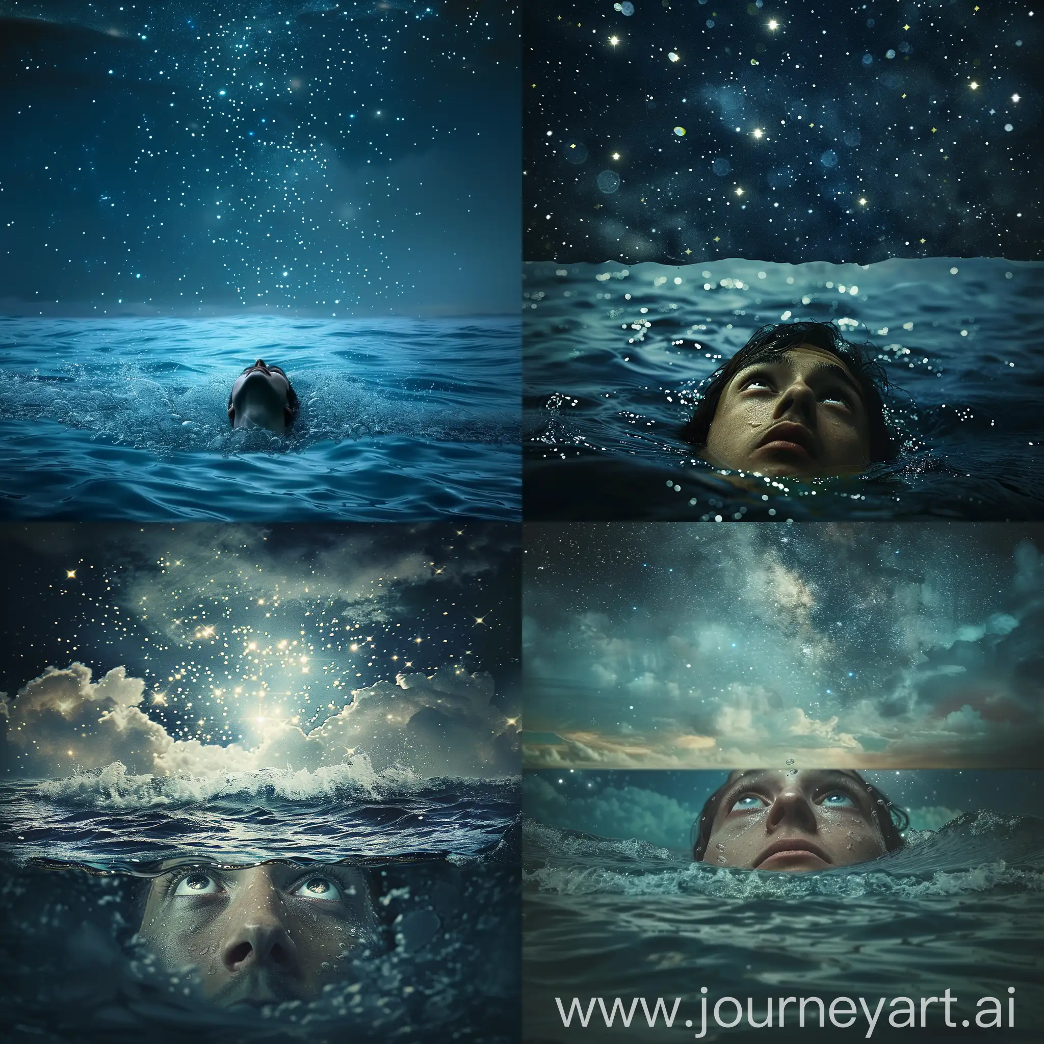 Person falling in ocean half inside water drowning and looking upwards in a bright eyes at sky full of beautiful stars
