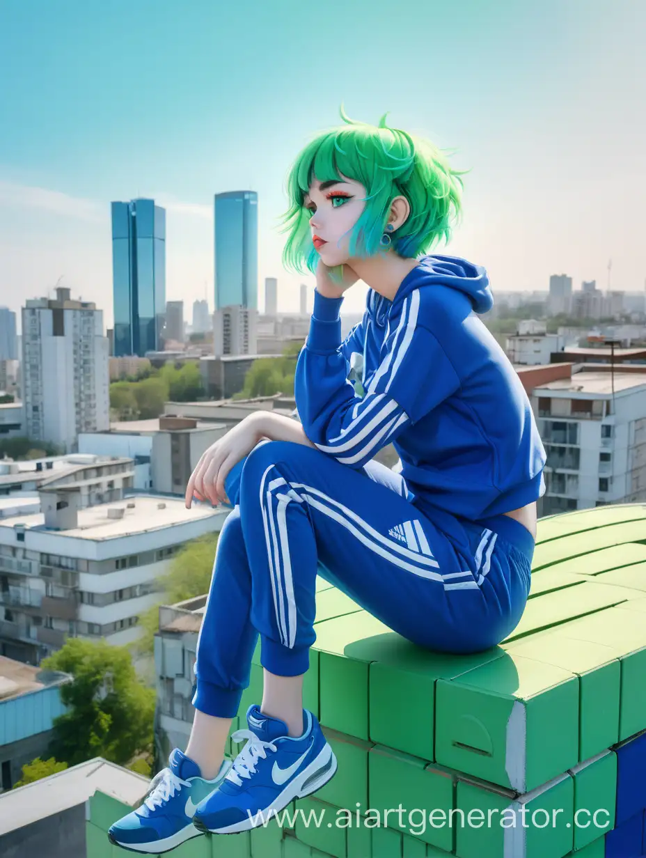 Urban-Serenity-BlueHaired-Girl-with-White-Fire-Eyes-on-Abstract-Rooftop