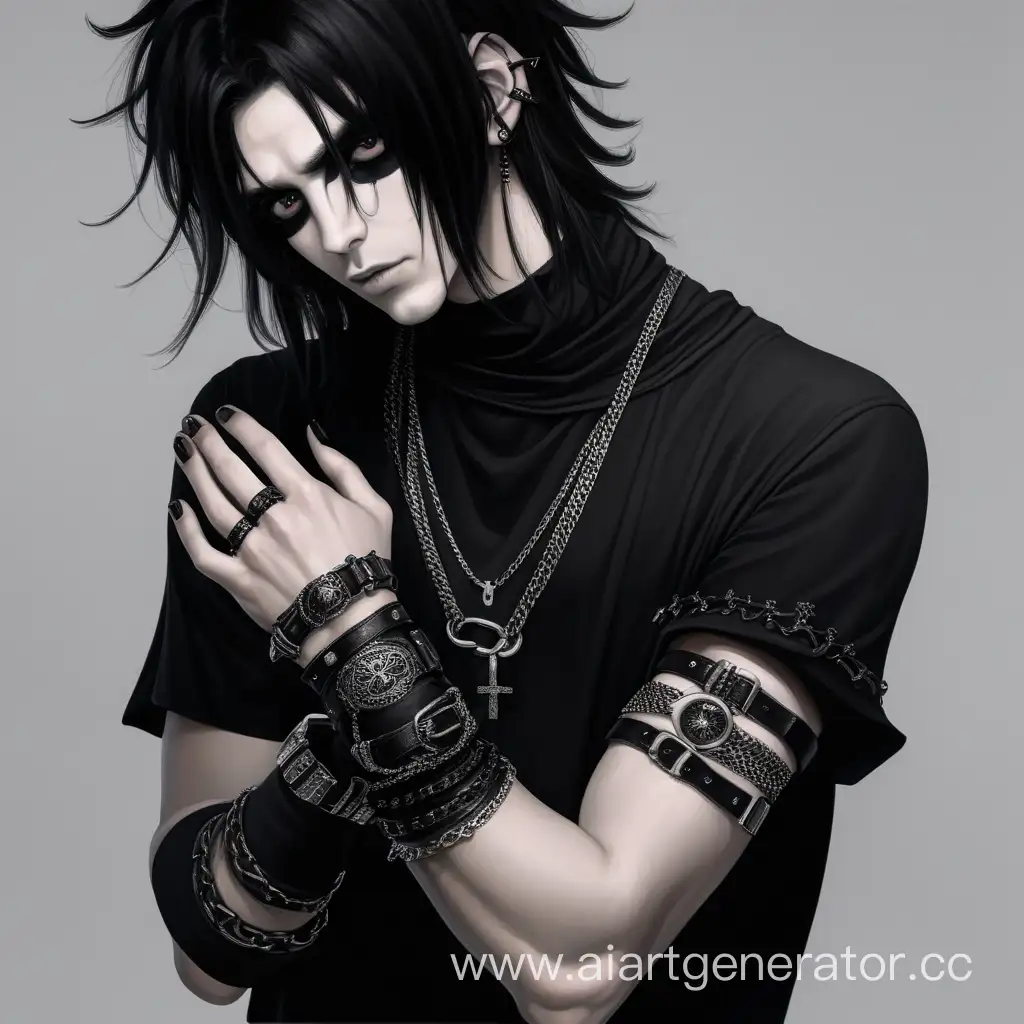 Парень с густыми черными волосами и черными глазами. Вся его одежда черная и выполнена в готическом стиле. На его руках черные браслеты с металлическими элементами.