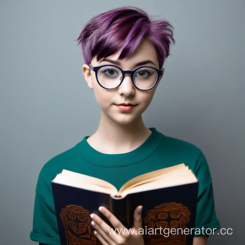 девушка с короткими цветными волосами в очках и с книгой в руках