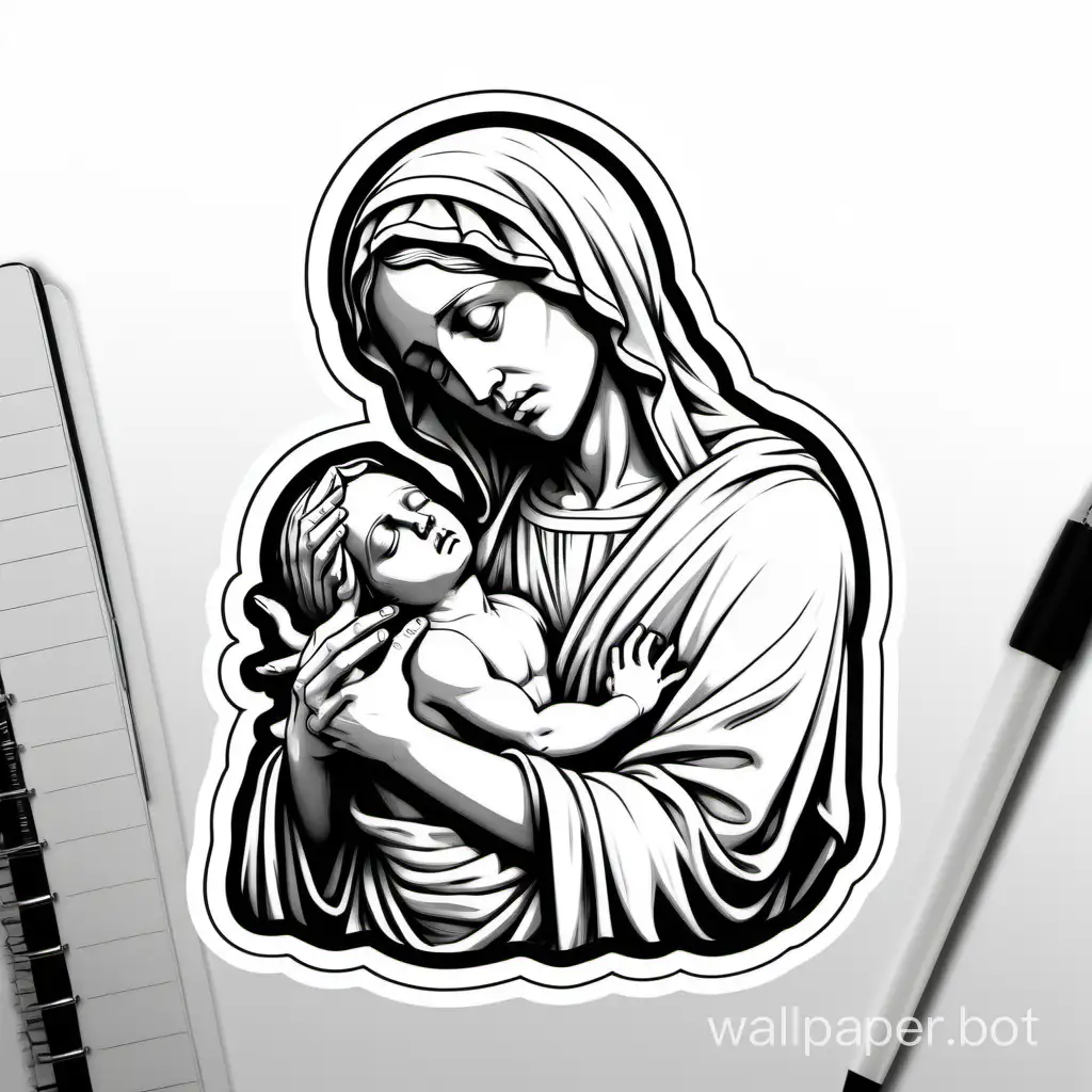 amazing drawing Maria Mother of Jesus, Pieta, Lineart, comic art, white background, sticker art