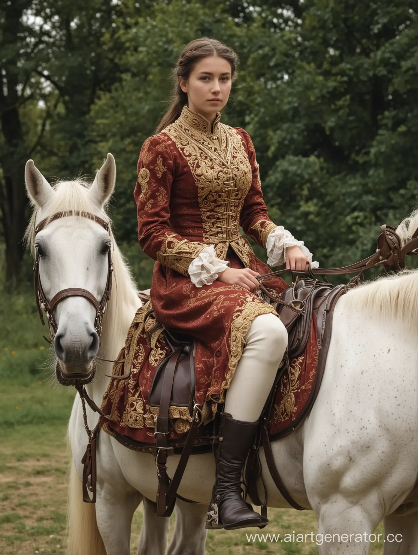 девушка в старинном платье сидит на коне в дамском седле, ноги на одну сторону. рядом два гусара держат поводья коня