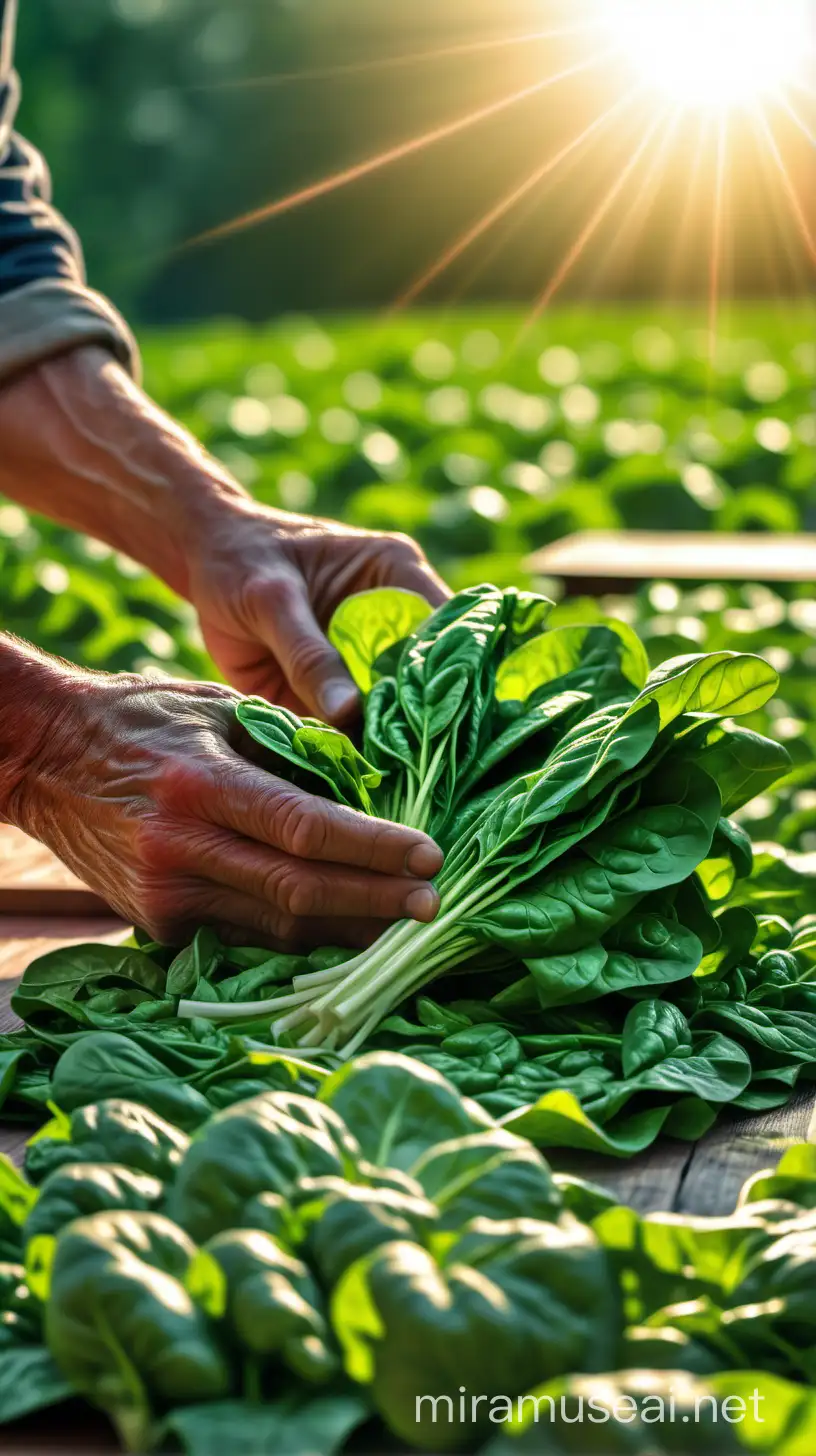 spinach on table, natural background with farmer, sun light effect, 4k, HDR, morning time weather