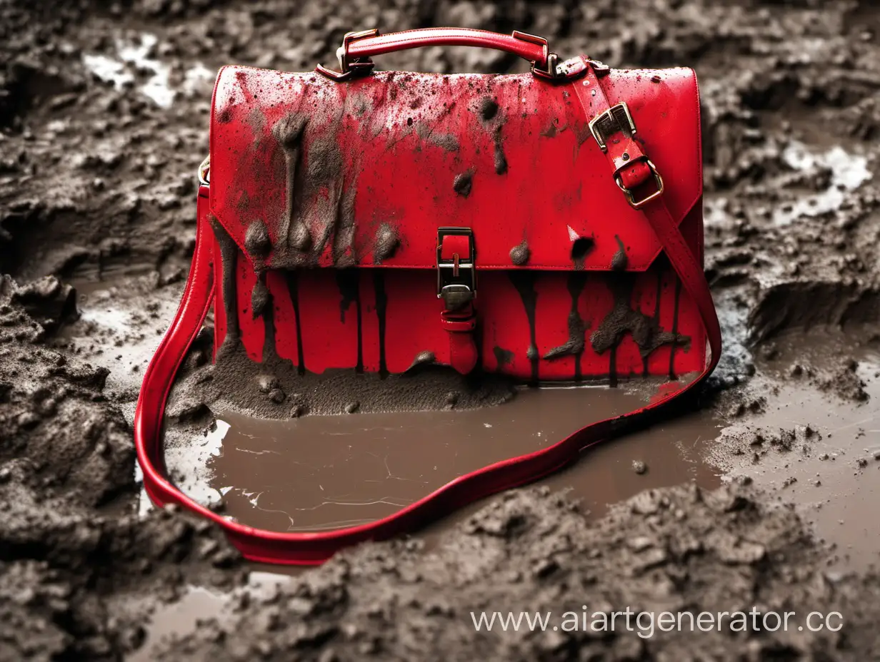 Красная женская сумочка в грязи со следами от пуль