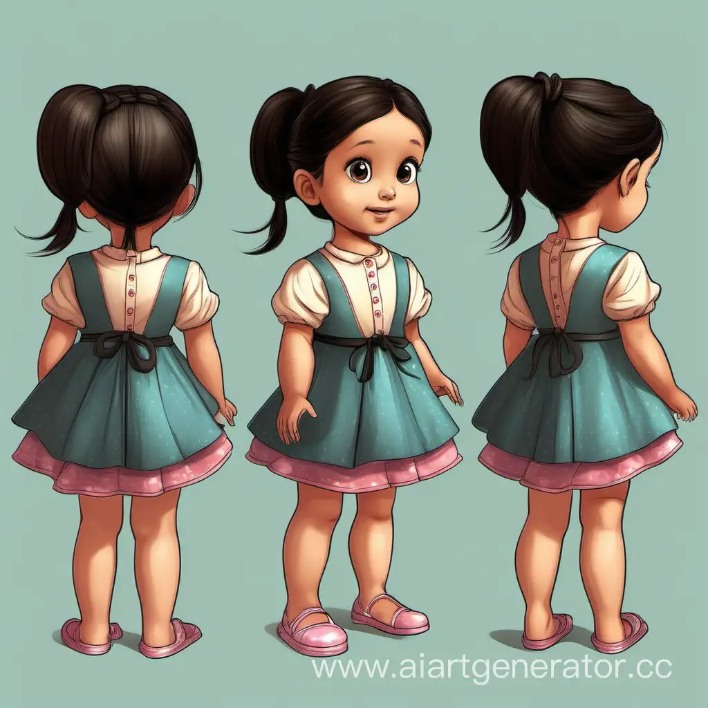 Cute-Cartoon-Girl-with-Dark-Hair-Tied-in-Ponytails-Standing-in-Beautiful-Dress