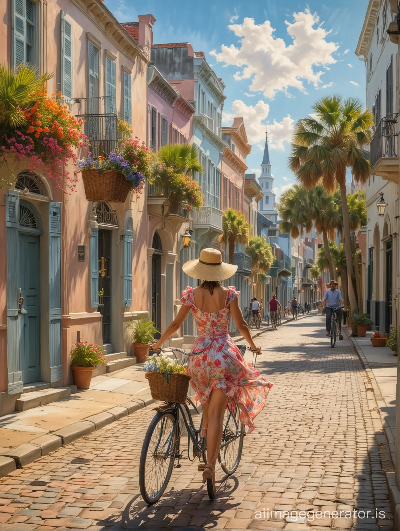 A bustling street scene in Charleston, South Carolina, depicted in a vibrant Reginald Marsh style. The foreground features a woman in a flowing, colorful dress riding a vintage bicycle with a large front basket. She wears a wide-brimmed hat adorned with flowers, and her expression is one of joy and determination as she navigates through the lively street filled with historic buildings, palm trees, and people going about their day. The sunlight casts long shadows across the cobblestone pavement, adding depth to the scene. In the background, the iconic architecture of Charleston, including pastel-colored houses and church steeples, rises against a clear blue sky dotted with fluffy white clouds.]