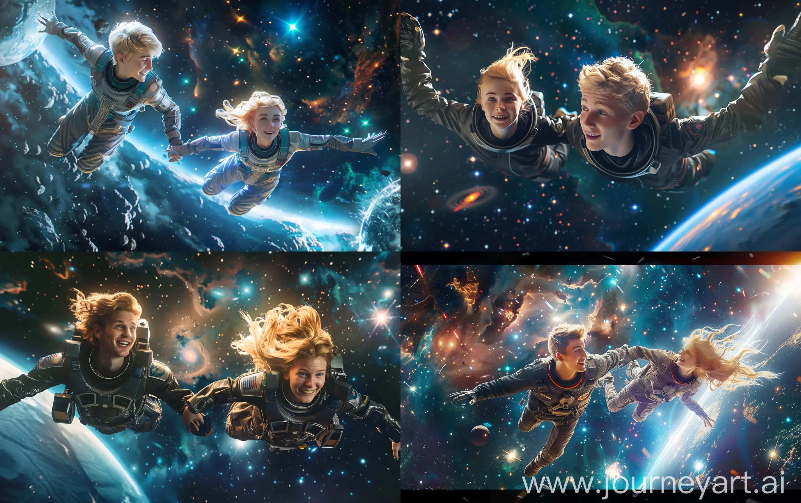 A 22-years-old fair-hair man and a beautiful blond woman fly in space on a planet orbit, they are happy looking to each other, they are wearing futuristic simple spacesuits, deep space on background with bright galaxies and a nebula, realistic, hi resolution, cinematic --ar 16:10