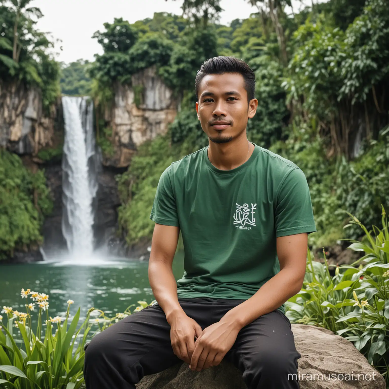 Seorang laki laki jawa INDONESIA usia 25 tahun, wajah bersih,duduk di atas batu , memakai kaos warna hijau ,berlogo SIGIT DHK.
Baiground ada air terjun ada danau ada bunga bunga
