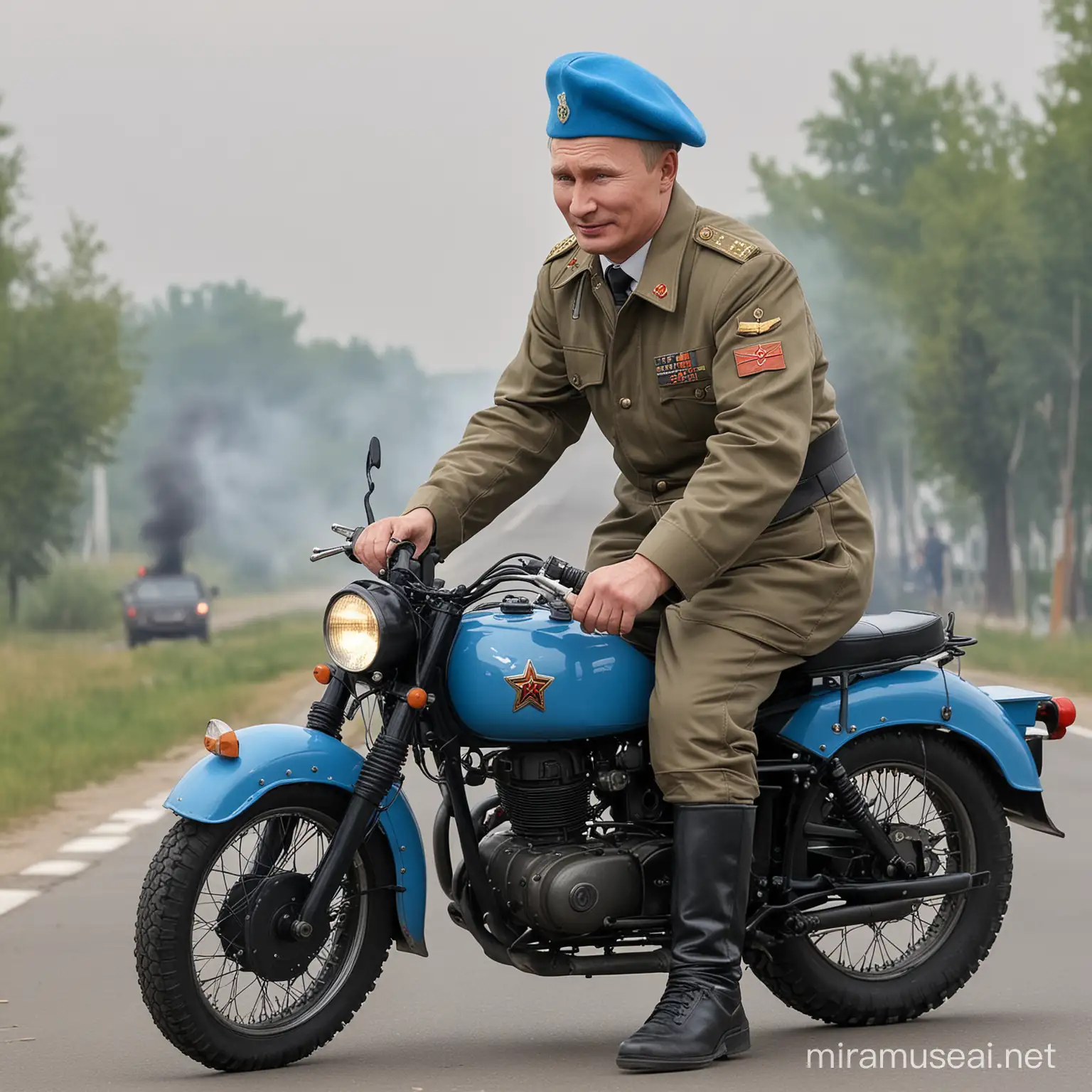 wholely side full look 10 meters away, 65years old real face lifelike putin wear small blue beret hat,soviet military uniform , properly ,laughing driving a real size light blue 1 wheels motorcycle ，1 wheel fly to sky,vast black smoking pour from behide tube ,Normal  retio,