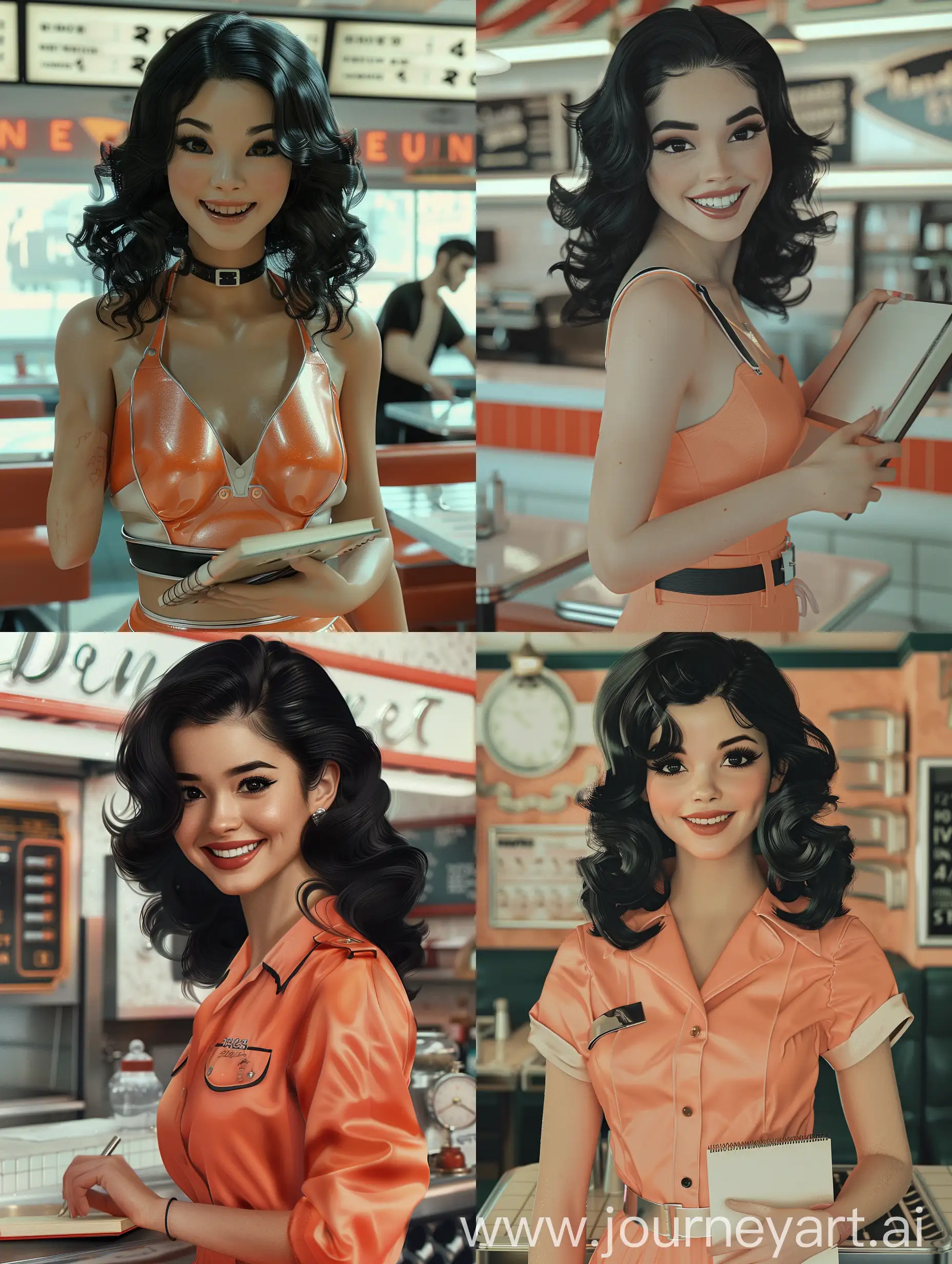 An 80s sexy waitress serving you, real, realistic,
photorealistic, smile, from the front, black wavy hair, black eyes, white skin, salmon-colored waitress outfit, 80s style, 80s look, 80s effect, 80s clothes and hair, diner background, retro, indie, vintage, classic, old, nostalgic, grounge, holding a notebook, VHS photo effect, sexy, glamour, luxury, fame, love