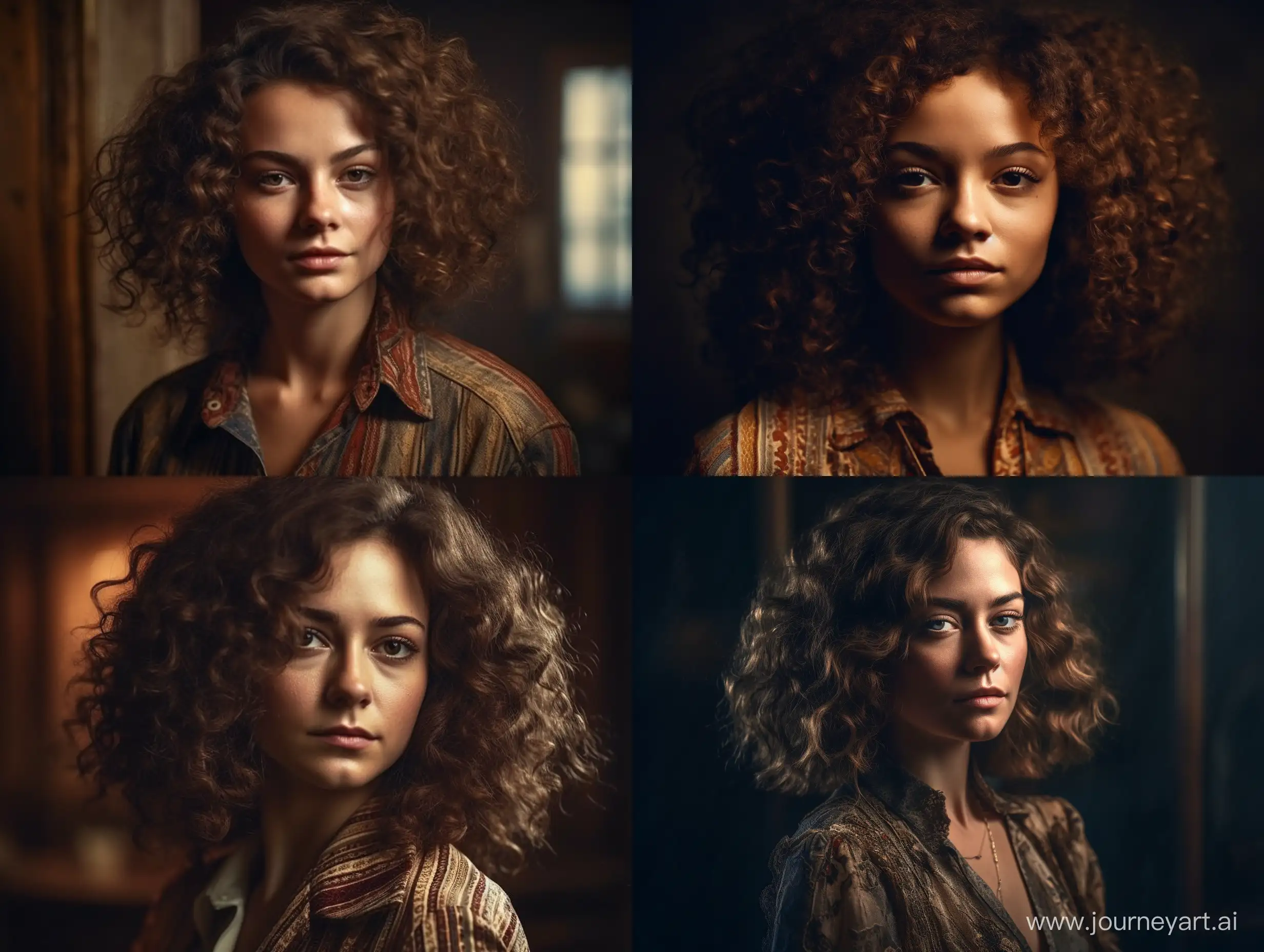 

/imagine prompt: A photorealistic photo that captures the essence of a woman from the 70s with curly hair and a beautiful face. The atmosphere is antique and nostalgic, with the lighting emphasizing the details of the woman's face and hair. The image has a vintage quality, reminiscent of classic fashion photography. The woman is shown in a close-up, with a confident expression on her face as she looks straight ahead. Her curly hair frames her face, adding to the beauty of the image. The background is slightly blurred, emphasizing the focus on the woman and her features. The composition is simple, with the focus on the woman and her captivating presence. The image is highly detailed, with intricate details in the woman's eyes, lips, and hair. The image has an antique quality, with a warm, sepia tone that adds to the vintage feel of the photo. It's a perfect fit for those who appreciate the beauty of classic photography. --ar 4:3 --s 800 --v 5 --q 2