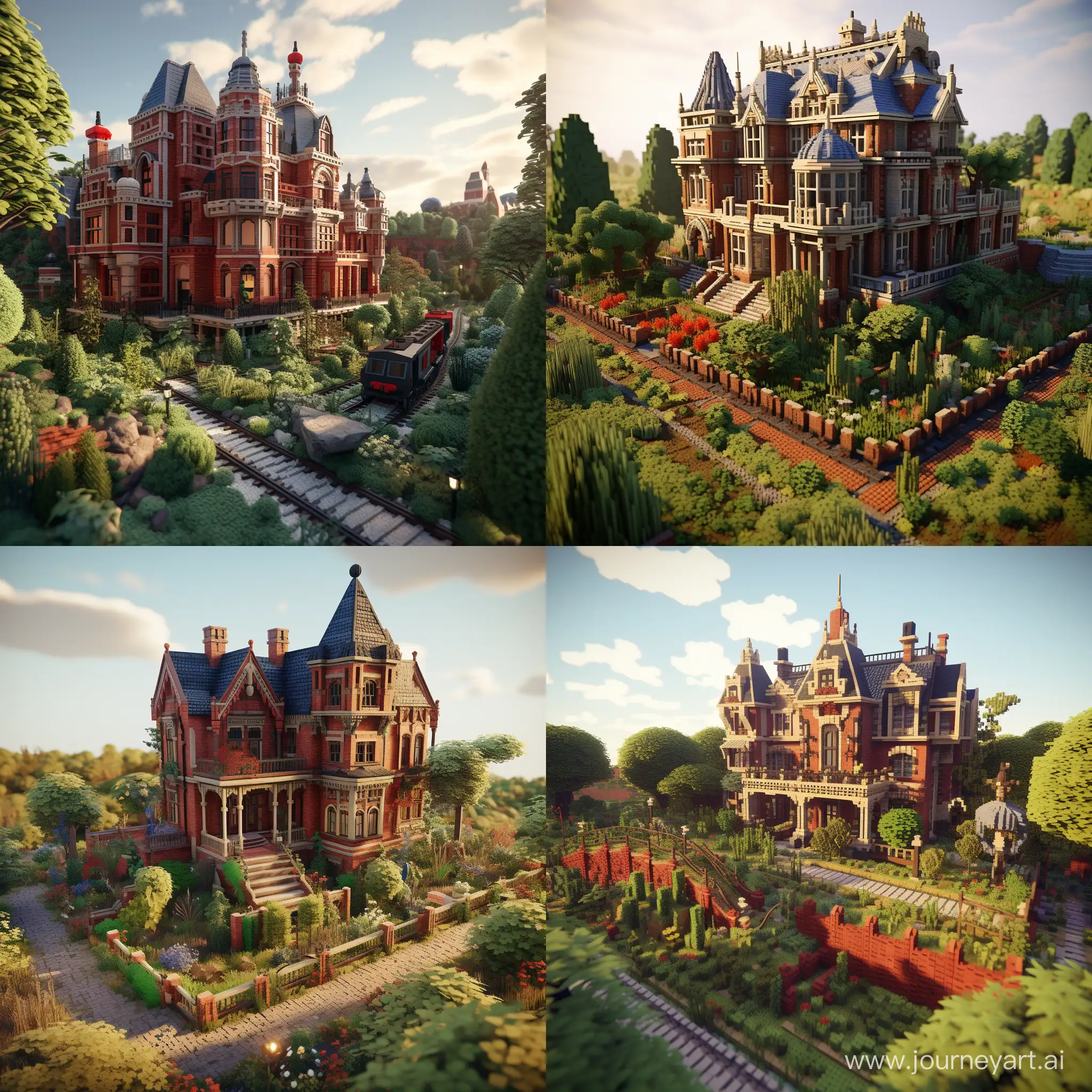 make a minecfrafty victorian house with redbricks, make it big with a garden on top of a small hill with a train track coming in front of it