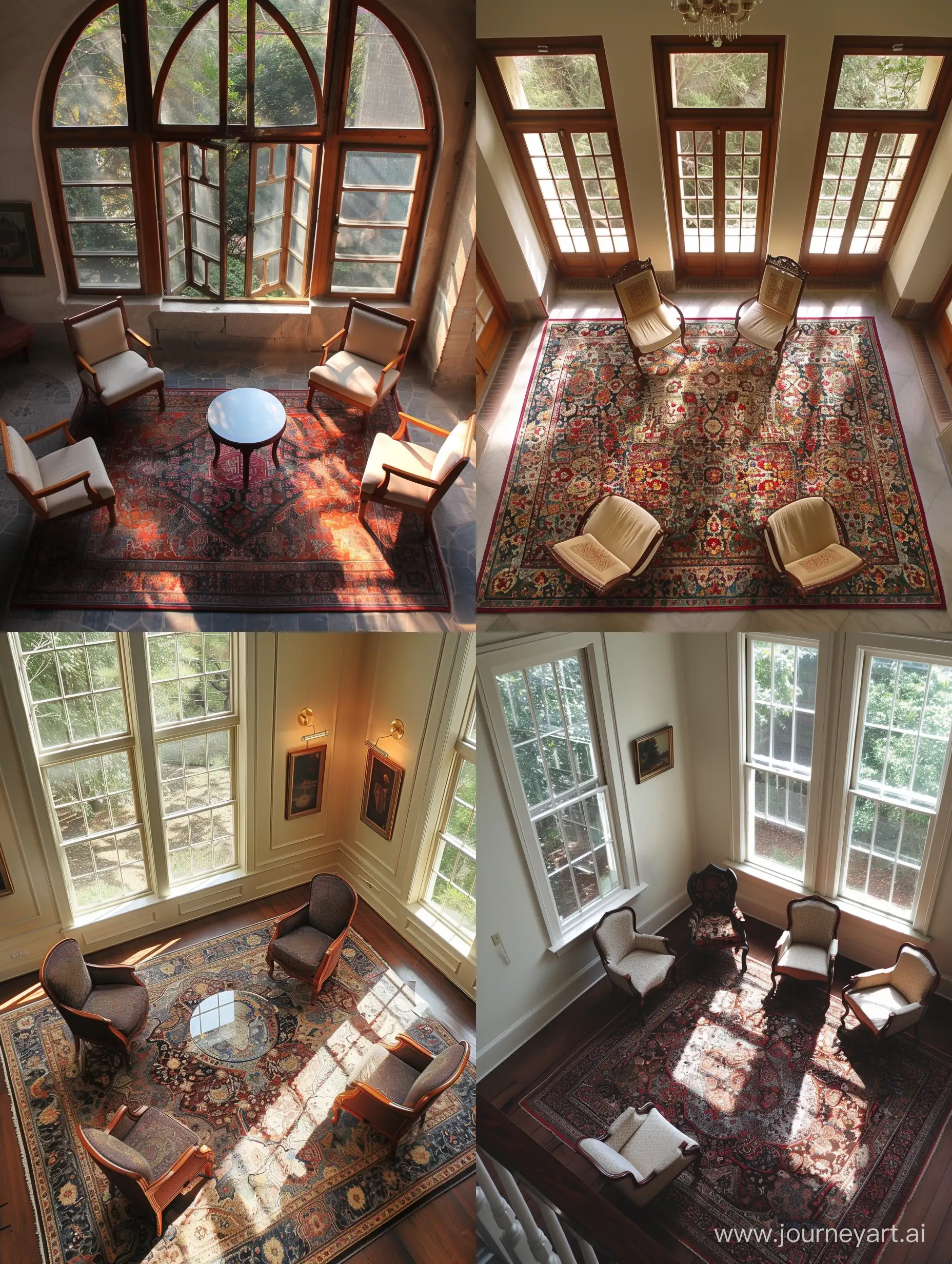 A very very nice  3×4 room
With some very very nice windows
And a very beautiful Persian carpet
And Fifty two chairs very very beautiful.
view several from above.