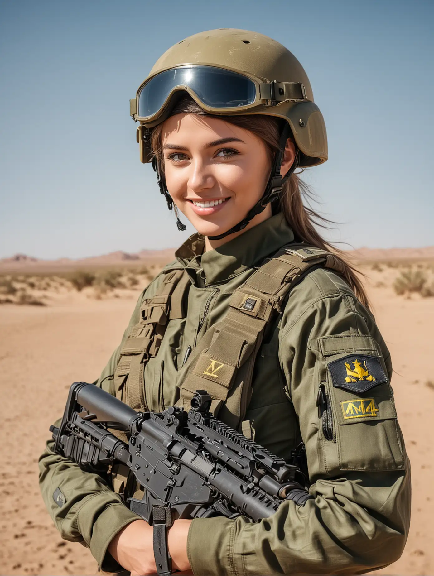Beautiful Ukrainian Girl in Military Uniform Smiling with M4 in Desert Portrait