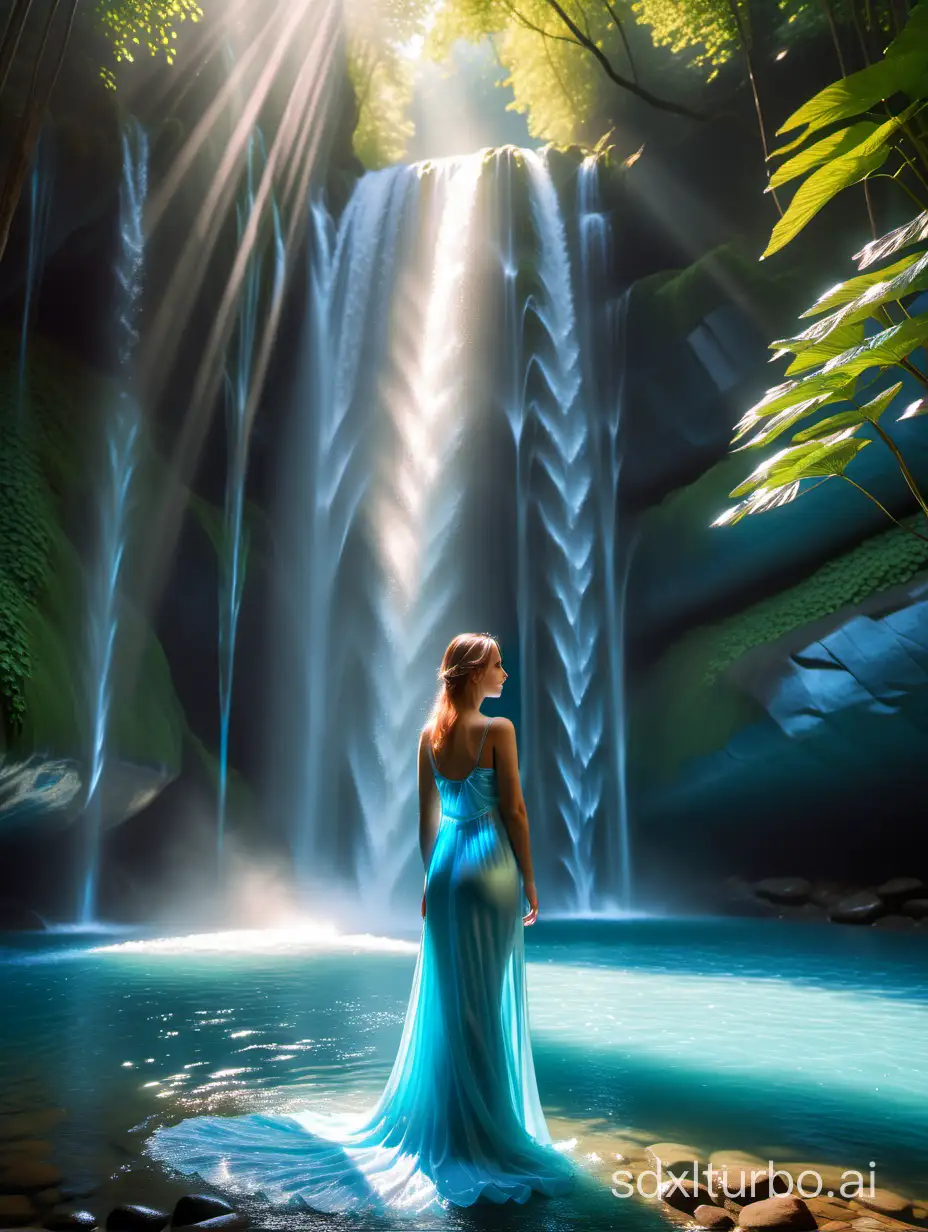 Graceful-Maiden-Standing-by-Romantic-Blue-Fluorescent-Waterfall