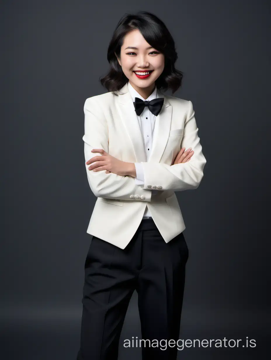 smiling and laughing japanese woman with shoulder length hair and lipstick crossing her arms, wearing an ivory tuxedo, wearing a white shirt, wearing a black bow tie, wearing black pants