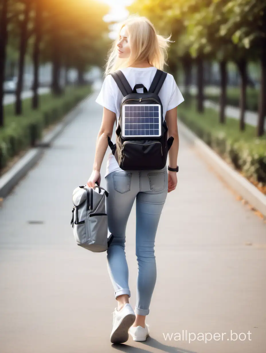 Young woman of 29 years old, blonde, light eyes, angelic face, wearing a white shirt and jeans with gray sneakers, carrying a solar backpack., full body view.