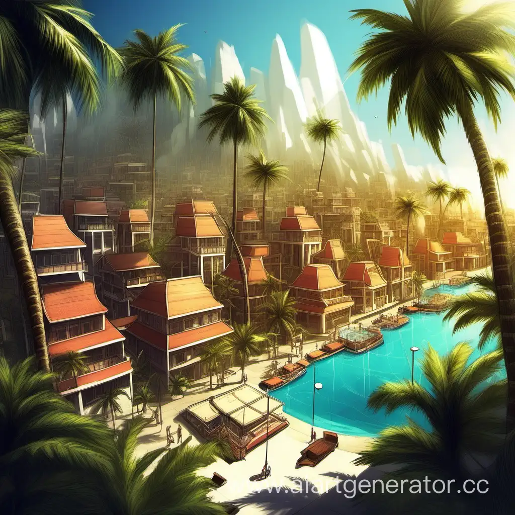 make a resort village, but it should be drawn in a fantasy style, there should be a lot of palm trees, the sun, make it have a lot of houses both in front and behind, so that we can see that this is a big city, it shouldn’t look super modern, it’s not a city with tall buildings, it should not be large-scale,