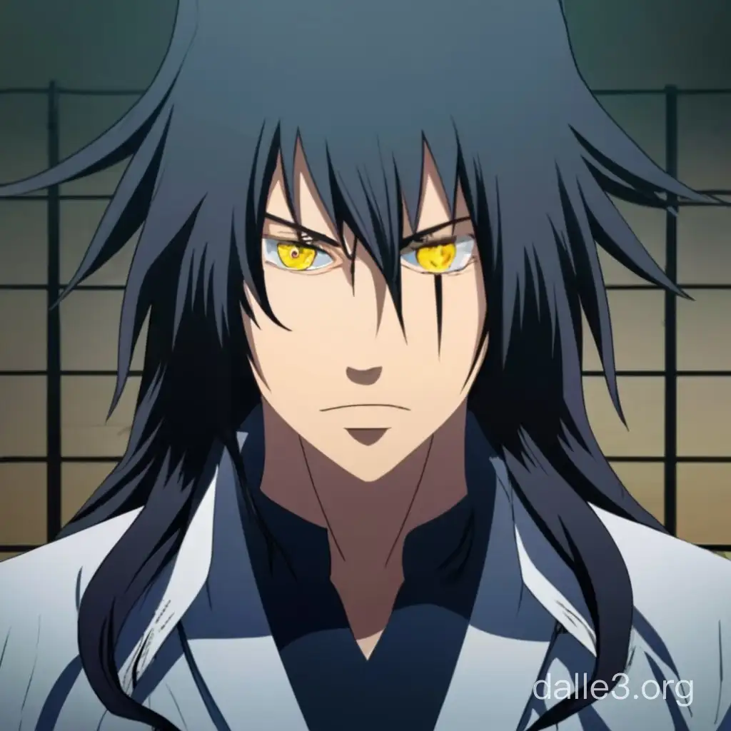 male anime character in the artstyle of jujutsu kaizen. he has semi long black hair and yellow iris's