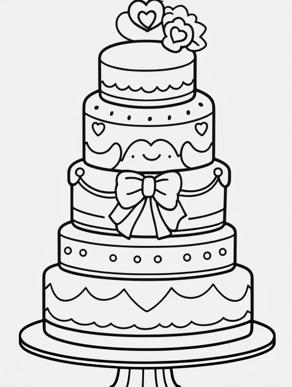 coloring book, cartoon drawing, clean black and white, single line, white background, large cute wedding cake, emoji