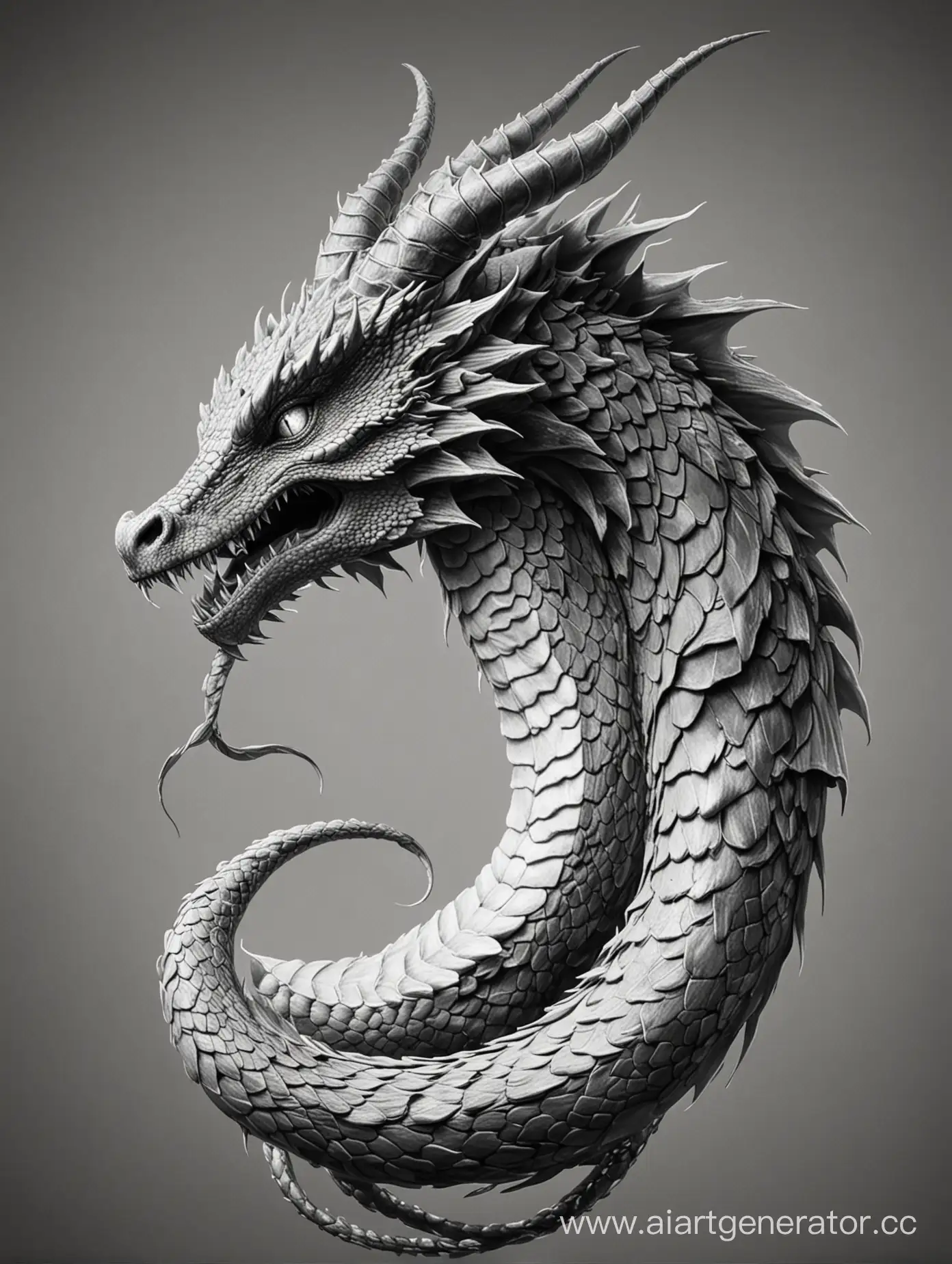 a snake-like dragon with long horns, drawn in black and white