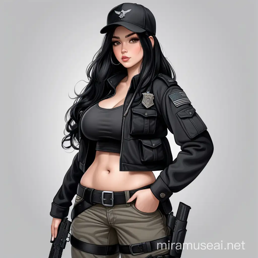 Stylish Curvy Girl in Black Military Jacket with Pistol Holster