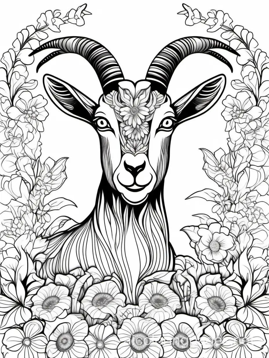 goat in flowers for adults for coloring book for women, Coloring Page, black and white, line art, white background, Simplicity, Ample White Space. The background of the coloring page is plain white to make it easy for young children to color within the lines. The outlines of all the subjects are easy to distinguish, making it simple for kids to color without too much difficulty