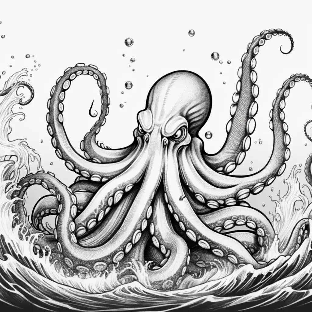 Spooky Kraken Coloring Page Detailed Black and White Cartoon Illustration in High Resolution 8K