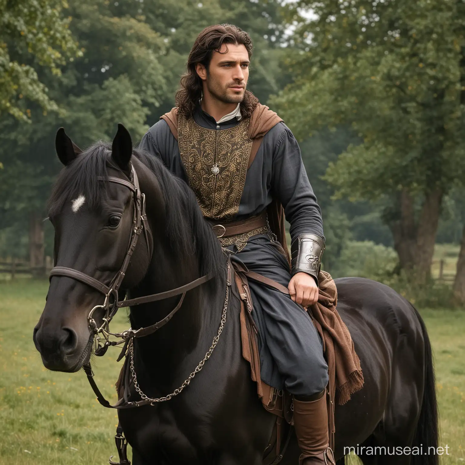 An ideal man above 40 years old an independent, freedom-loving young man, tall, broad-shouldered, charismatic, all women are attracted to him. He has a black horse. A hero of the twelfth century.