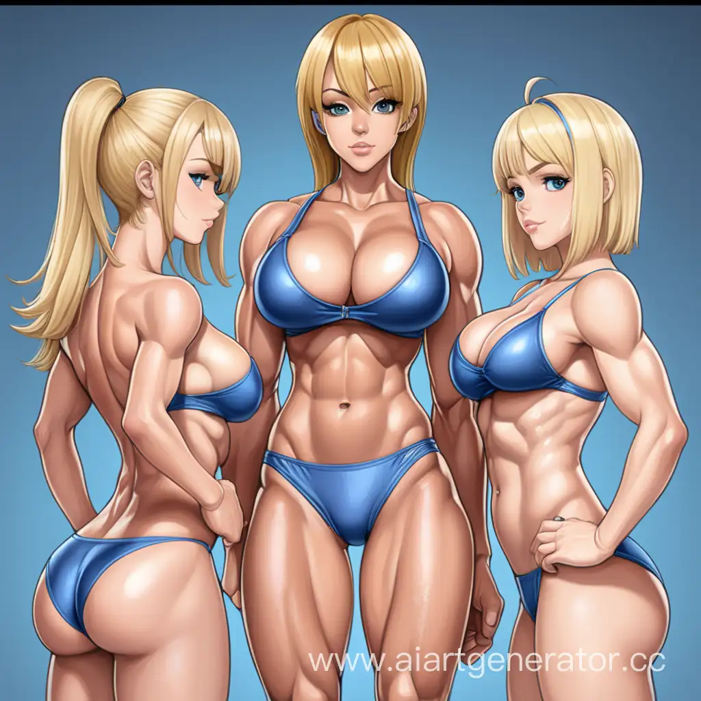 Mother, two daughters in the frame. Mother: (bodybulder),(short tight dress),(bubble butt), ((short blonde tomboy hair)), big breasts, 40 yo but looks like 25, height 173 cm. first daughter: fit, (micro-bikini), blonde long hair, 19 yo, medium breasts, height 175 cm). Second daughter: small, flatchested, height 160 cm, 18 yo.