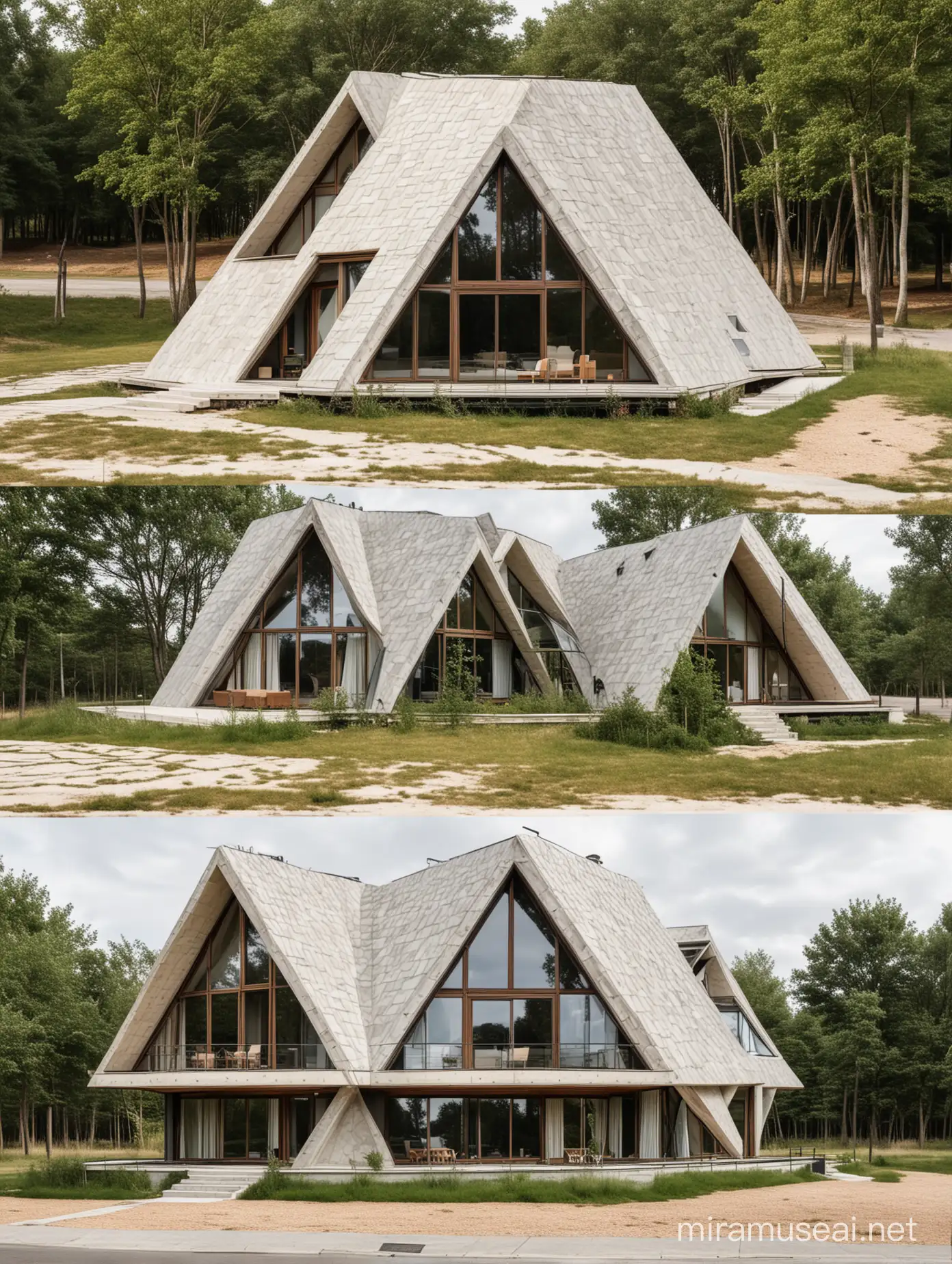 unique and creative triangular house. architectural house. Show  different sides ; front, side and back views