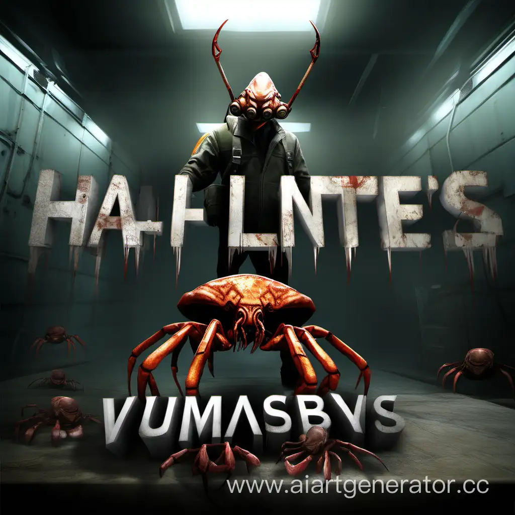 Человек от первого лица держит хэдкраба и лом из игры Half-Life 2 с объёмной надписью "Охотник на Хедкарбов" и надписью "VR" справа снизу