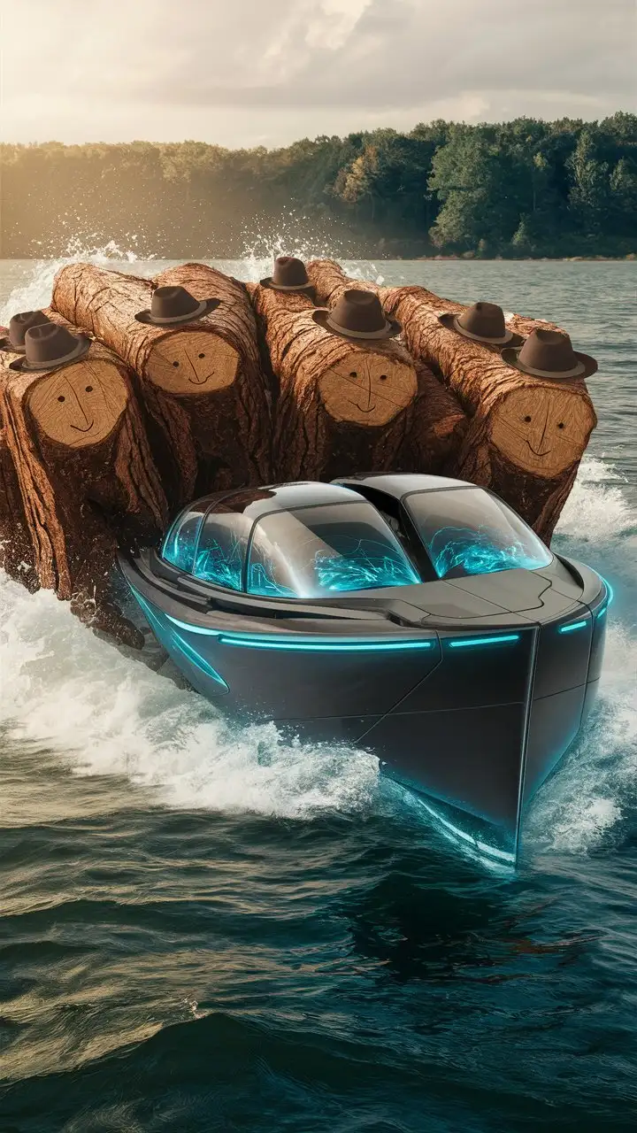 Logs pushing high-tech boat 