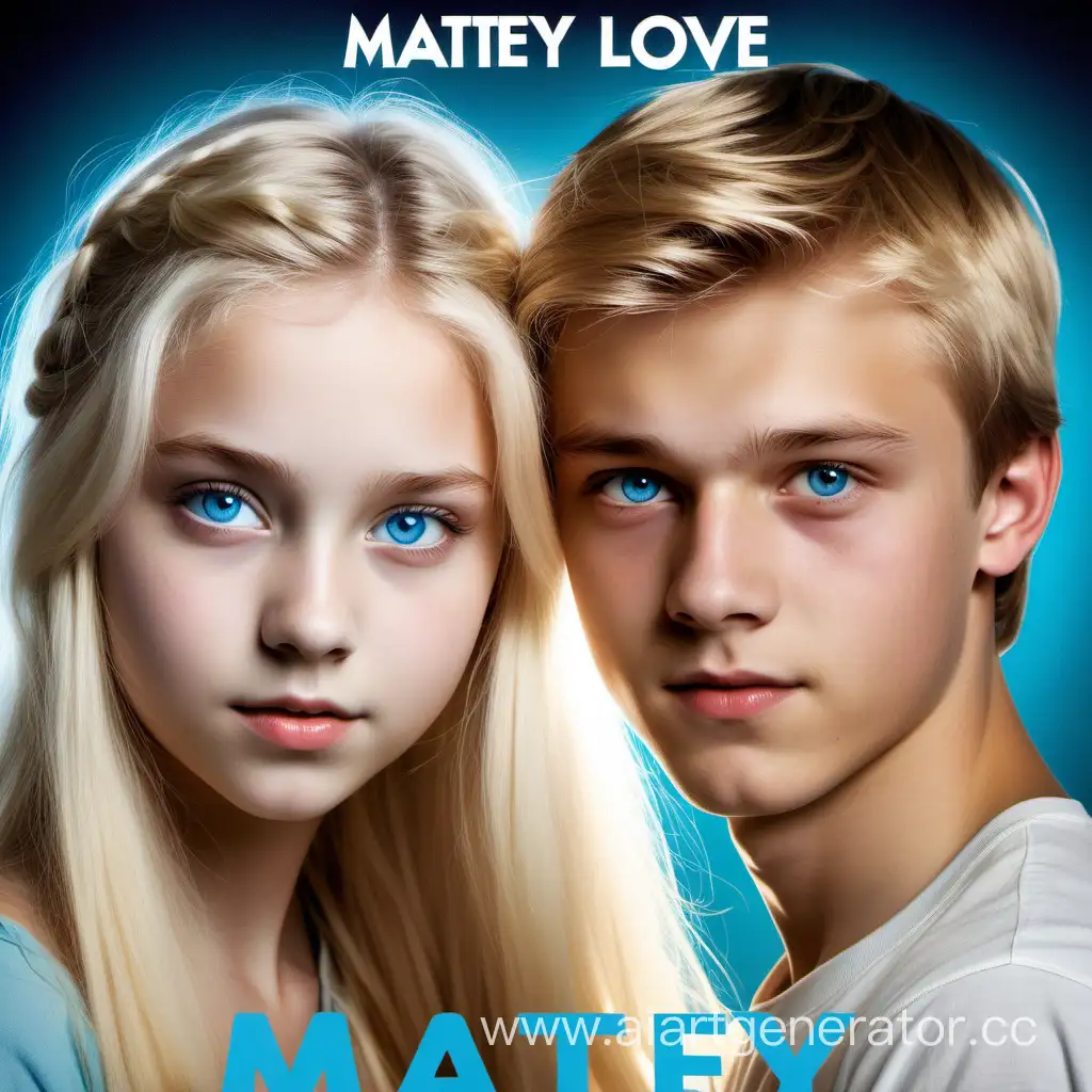 Poster on which there is a depiction of a fair-haired teenage boy with blue eyes and a teenage girl with blond hair and brown eyes, and at the bottom the inscription matvey love vika