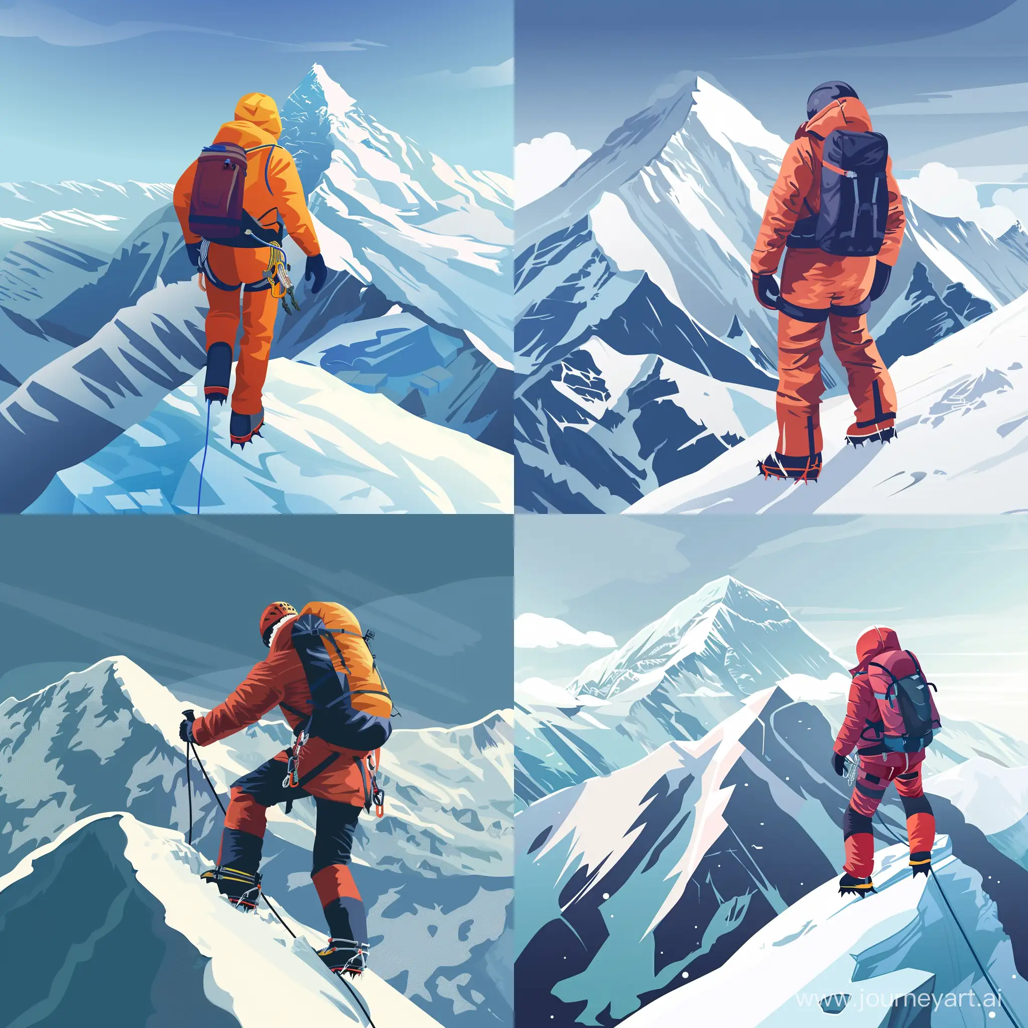 cartoon illustration of a mountaineer, point of view while climbing up mount everest, cold environment, in flat style