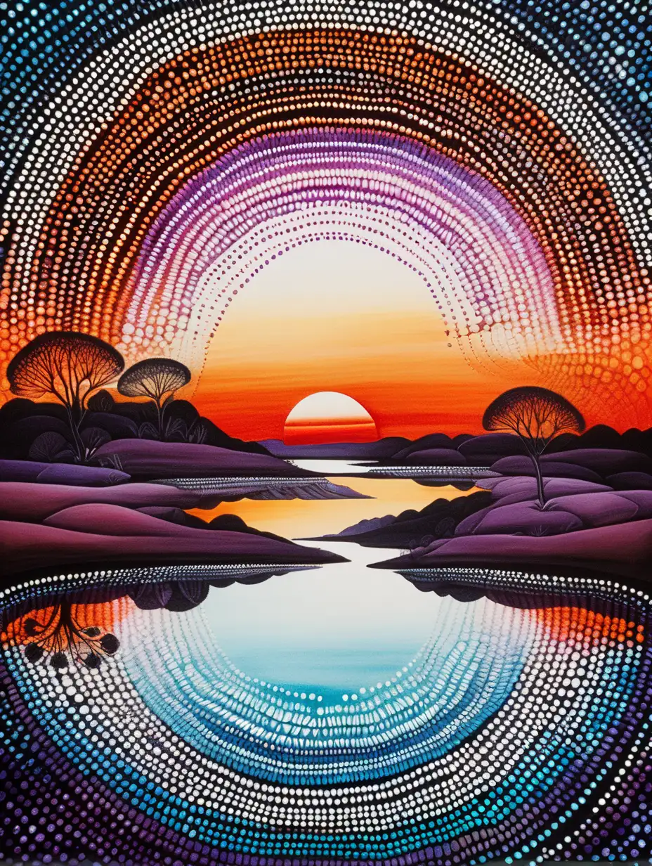 dot art, aboriginal australia, lines, watercolor, intricate details, internal dot art landscape mirrored on water's surface below, colour scheme centred on vibrant cream, white, orange, aqua, purple, red against a stark black, black negative space, backdrop, chiaroscuro enhancing the intricate details, in a digital Rendering
“v6”