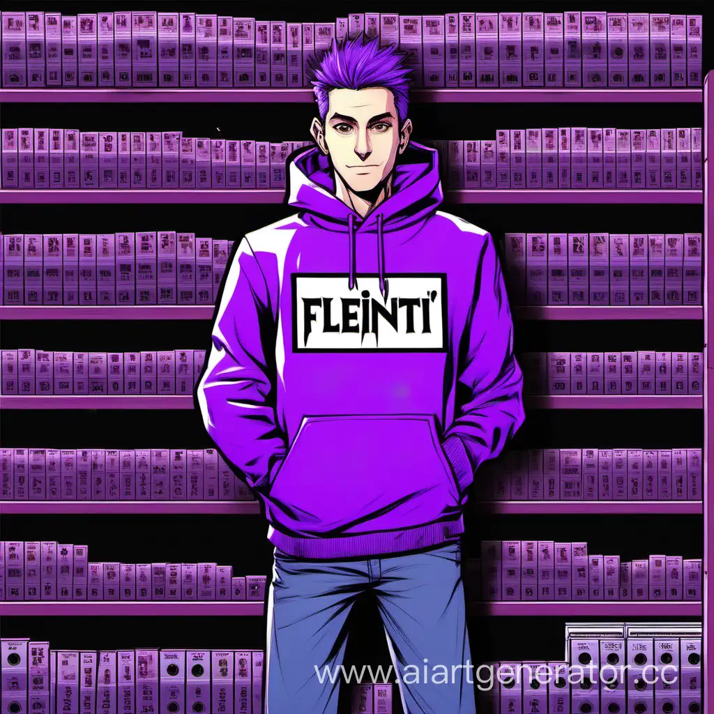 мужской персонаж, в фиолетовом худи, на кофте название fleinst, на заднем фоне навесные полочки с кассетами с играми, не Замыливать задний фон.
