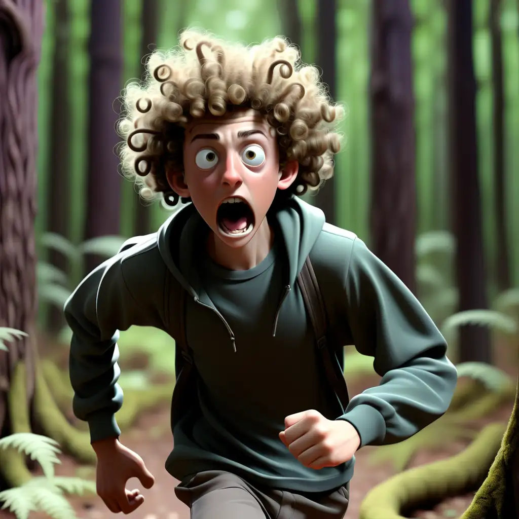 парень  16 лет с кудрявым волосами бежит в фантастическом  лесу он очень боится
