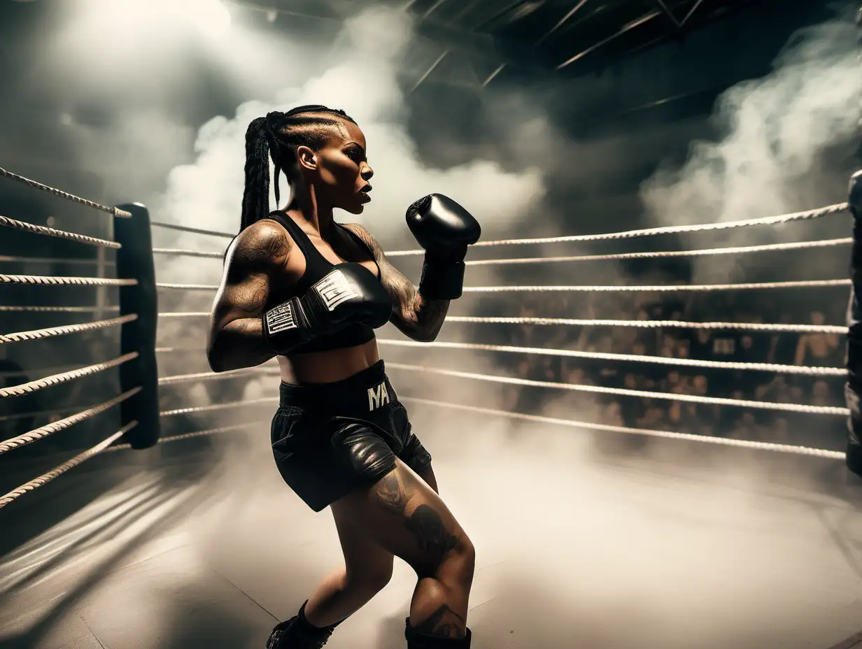 full height extremely muscular tattooed black female with hair in tight braids wearing a sleeveless black leather fighting outfit and mma gloves  in a fighting cage in a smoke filled crowded arena throwing a punch