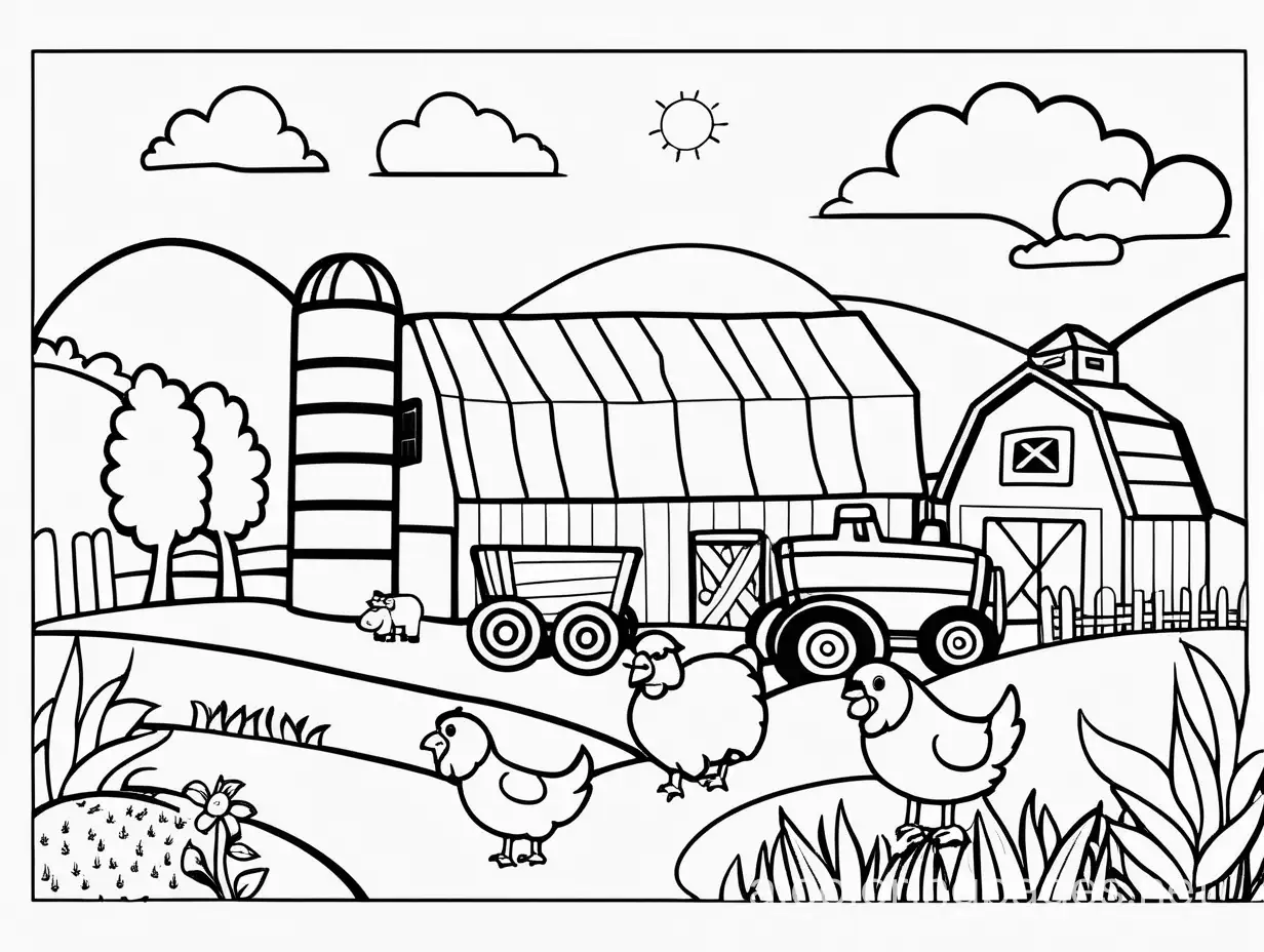 farm, Coloring Page, black and white, line art, white background, Simplicity, Ample White Space. The background of the coloring page is plain white to make it easy for young children to color within the lines. The outlines of all the subjects are easy to distinguish, making it simple for kids to color without too much difficulty