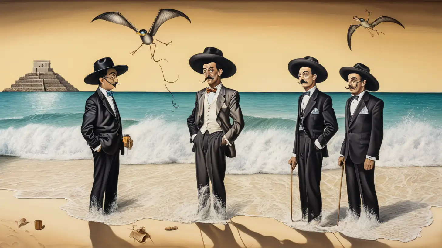 3 guys on a beach in Mexico in the style of salvador dali