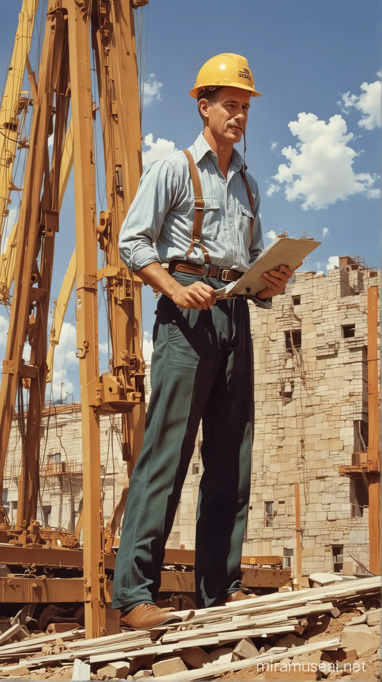 Civil engineer at work circa 1970. Style of Norman Rockwell. 