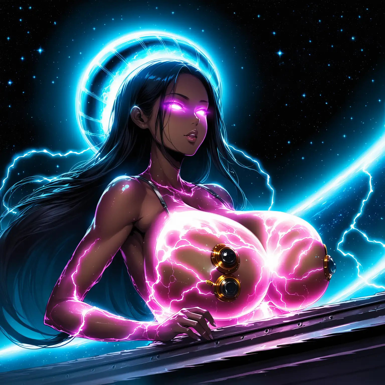 electricity inside huge breasts glowing, skinny Indonesian long hair, electricity tits welding the hull, wearing transparent goo glass, alien spaceship in outer space, darkness,