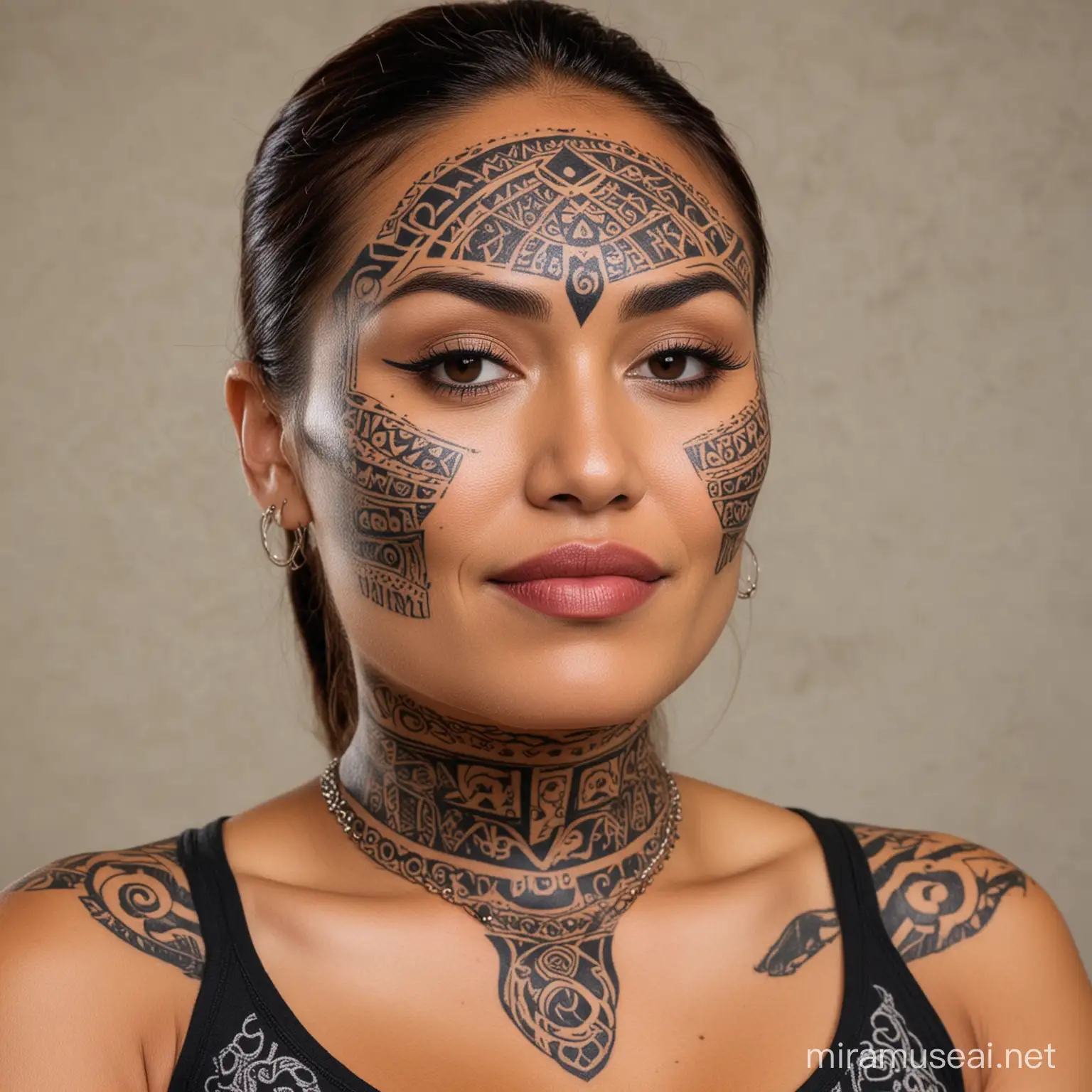 Sexy maori lady with traditional tatoo on her chin.