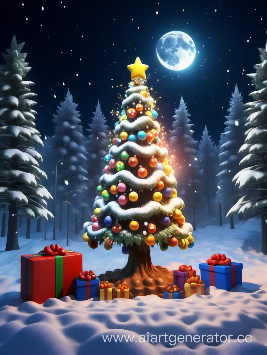 Новогодняя елка с яркими гирляндами, обсыпанная снегом, на опушке леса под лучами яркой луны и салюта. Рядом стоит герой игры Супер Марио с мешком подарков и героем игры Королева