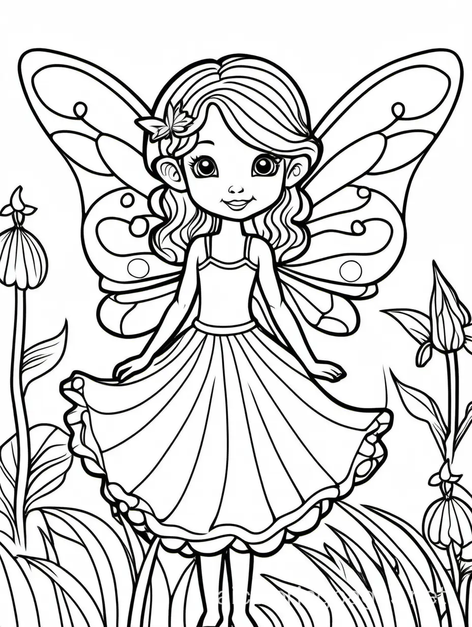  cute fairy  for kids, Coloring Page, black and white, line art, white background, Simplicity, Ample White Space. The background of the coloring page is plain white to make it easy for young children to color within the lines. The outlines of all the subjects are easy to distinguish, making it simple for kids to color without too much difficulty